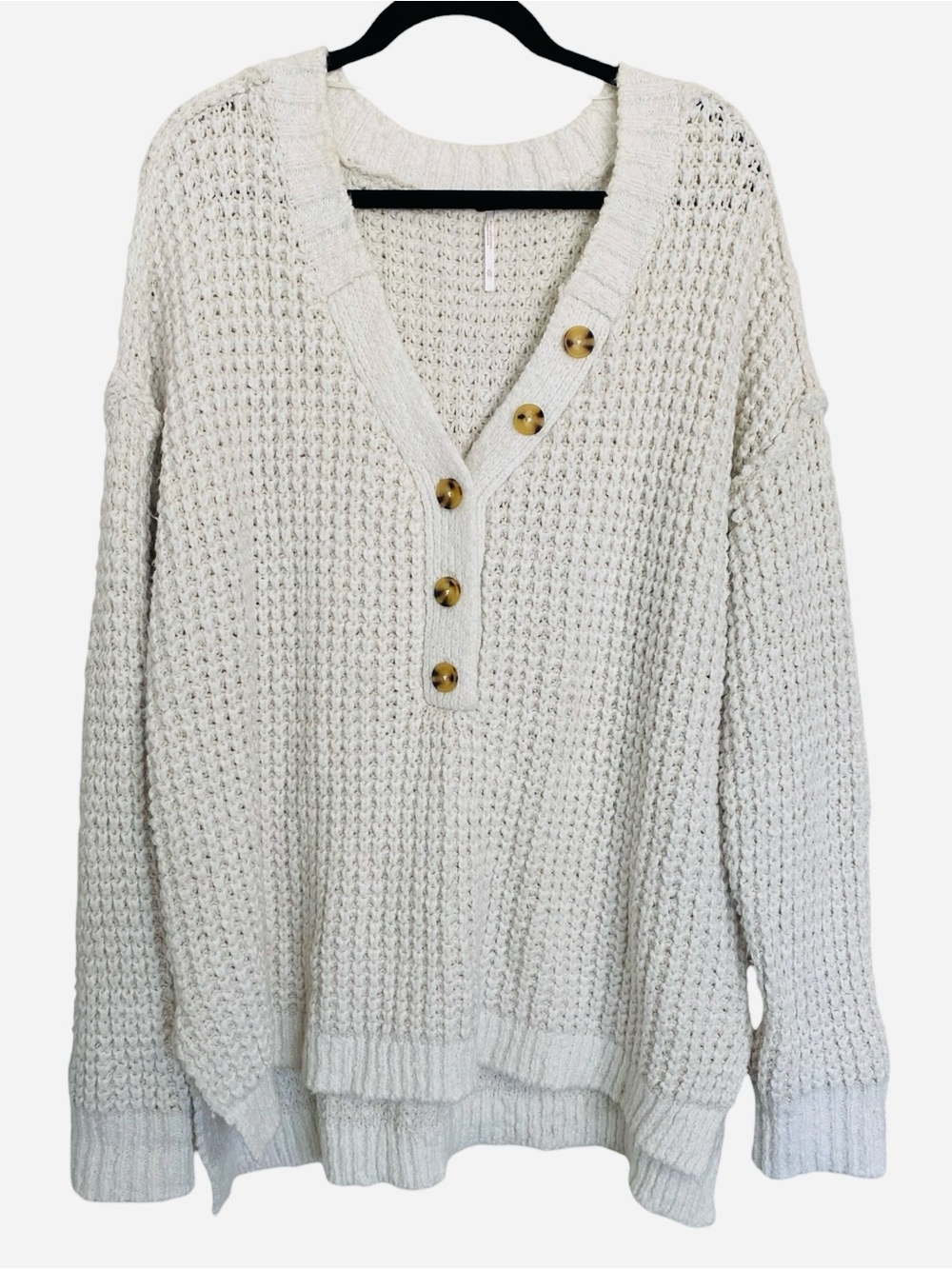Free People Whistle Thermal Henley Sweater XL Ivory Waffle Knit Oversized